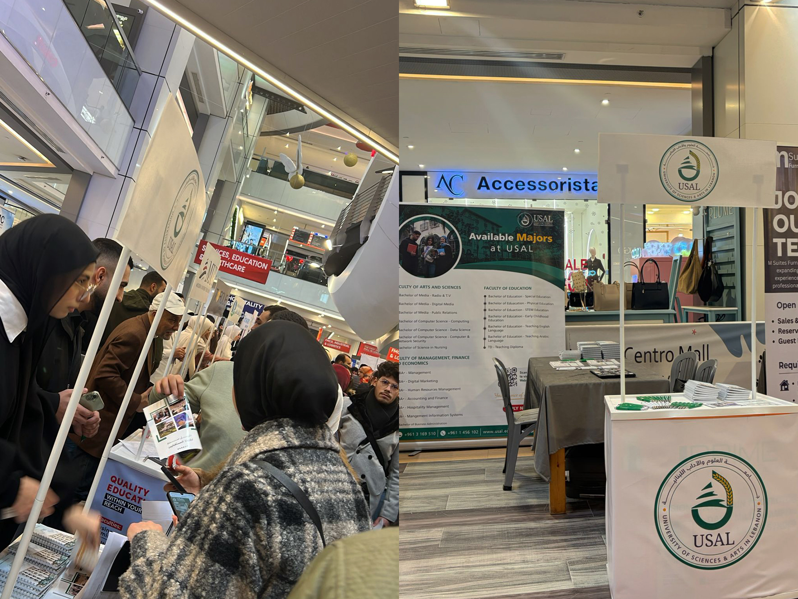 USAL University students and representatives at a career fair booth during the Centro Mall Career Fair in Lebanon.