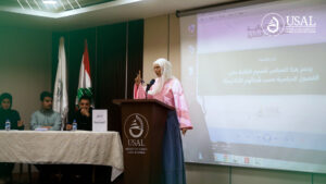 Students presenting arguments during the final round of the internal debating championship at USAL University campus in Lebanon