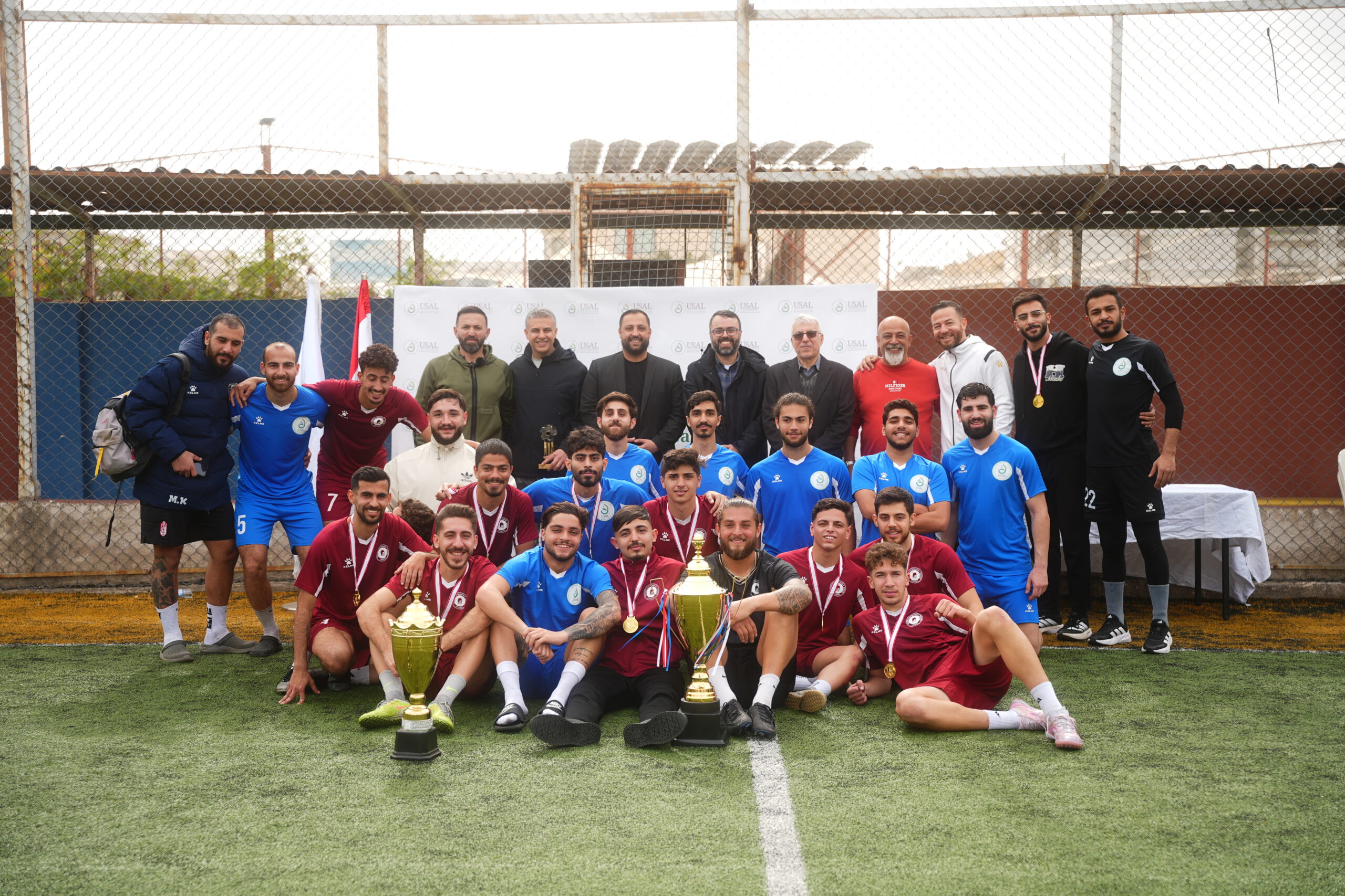 Students participating in the Universities Mini-Football Championship Final at USAL University campus in Lebanon.